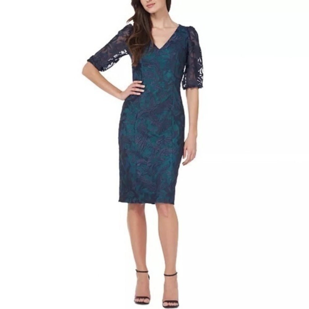 JS Collections Embroidered Sheath Dress in Navy Blue/Kelly Green